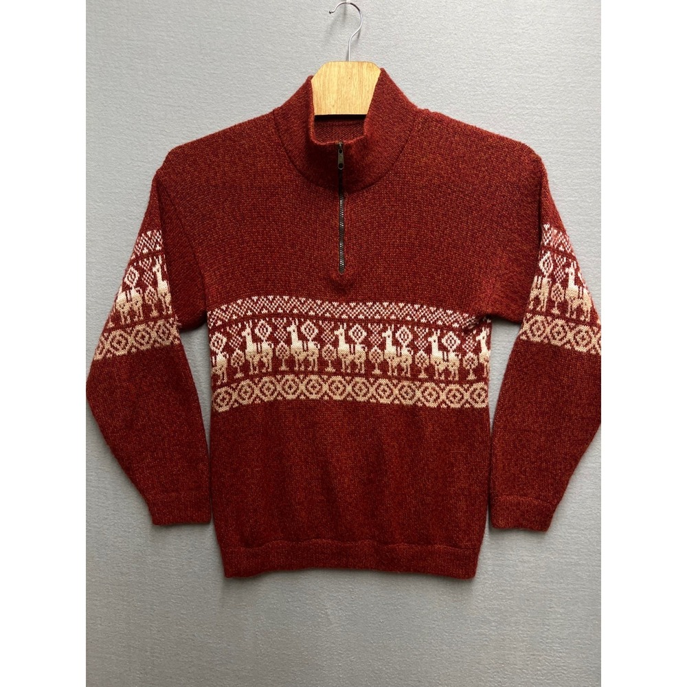 VTG Alpaca Wool Llama Fair Isle Quarter Zip Sweater Burgundy Mens M